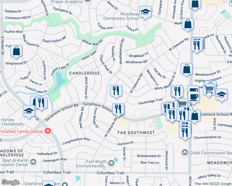 map of restaurants, bars, coffee shops, grocery stores, and more near 7337 Channelview Drive in Fort Worth