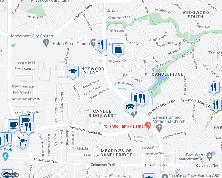map of restaurants, bars, coffee shops, grocery stores, and more near 4605 Sleepy Ridge Circle in Fort Worth