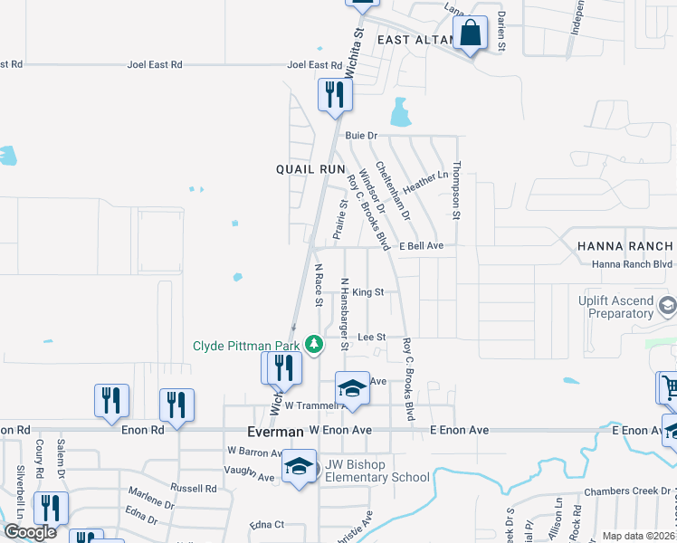 map of restaurants, bars, coffee shops, grocery stores, and more near 504 North Hansbarger Street in Everman
