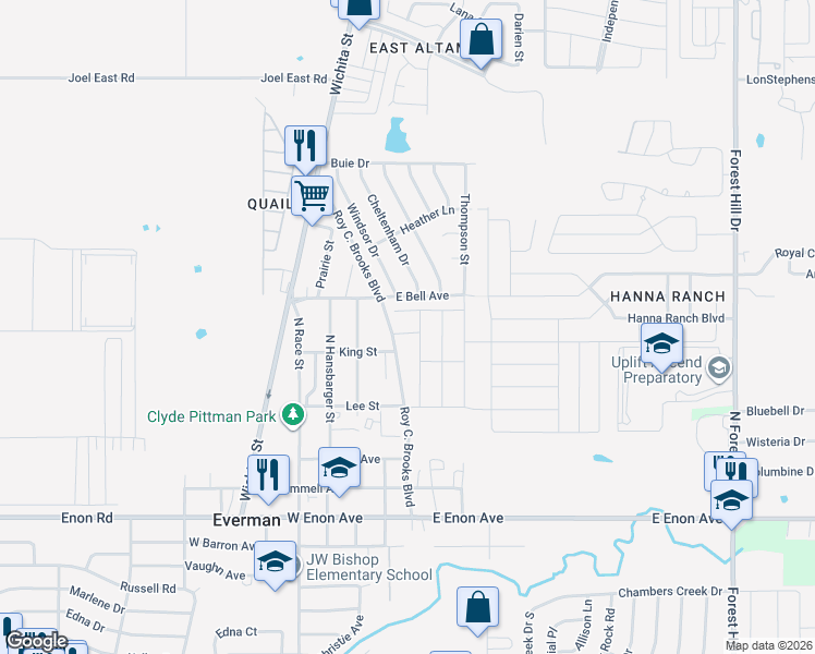 map of restaurants, bars, coffee shops, grocery stores, and more near Roy C. Brooks Boulevard in Everman