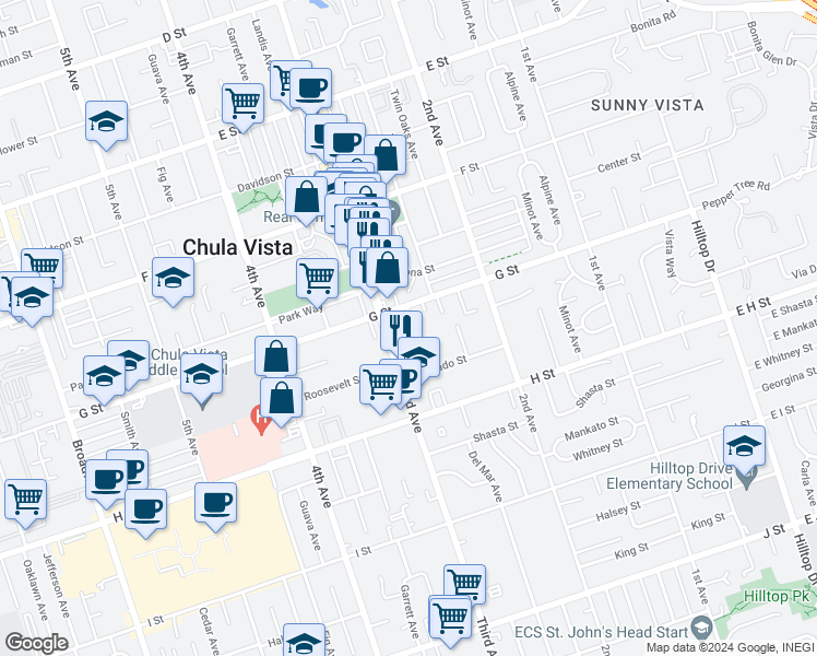 map of restaurants, bars, coffee shops, grocery stores, and more near 420 Church Avenue in Chula Vista