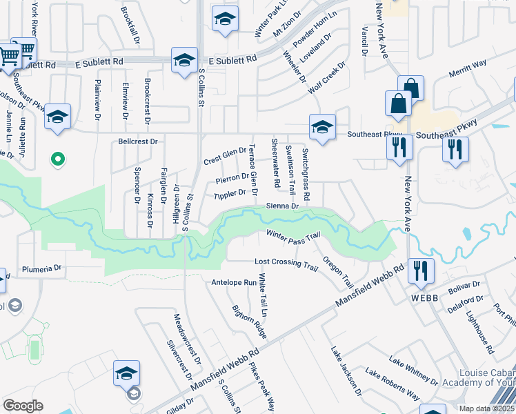 map of restaurants, bars, coffee shops, grocery stores, and more near 1607 Sienna Drive in Arlington