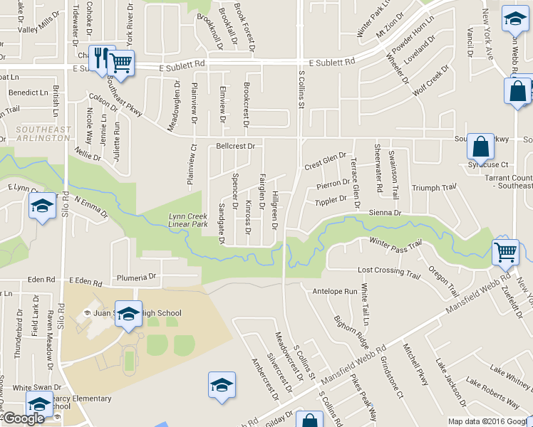 map of restaurants, bars, coffee shops, grocery stores, and more near 6623 Fairglen Drive in Arlington