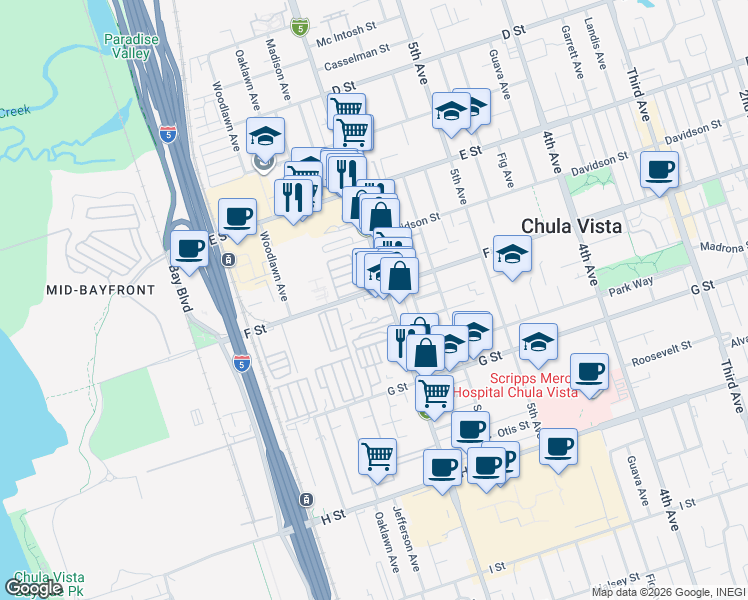 map of restaurants, bars, coffee shops, grocery stores, and more near 600 F Street in Chula Vista