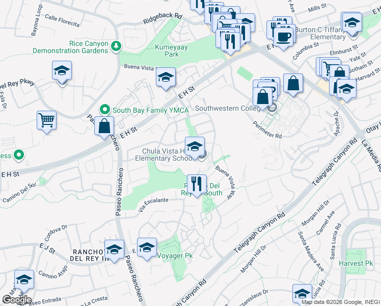 map of restaurants, bars, coffee shops, grocery stores, and more near 1374 Valencia Loop in Chula Vista