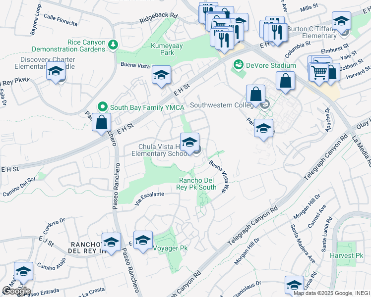 map of restaurants, bars, coffee shops, grocery stores, and more near 1374 Valencia Loop in Chula Vista