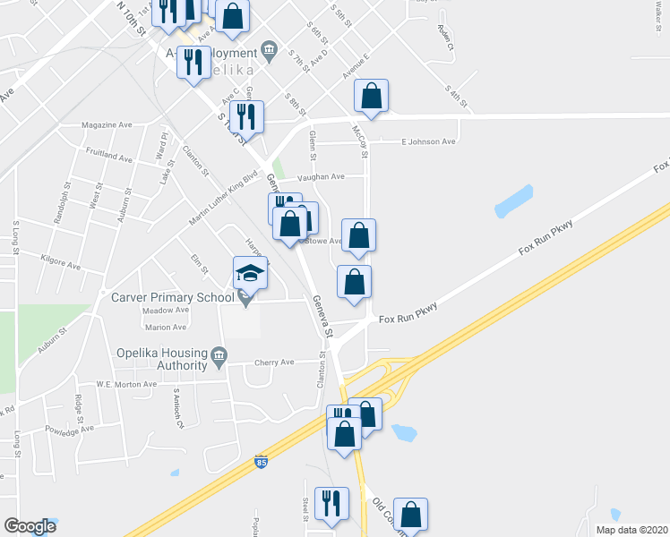 map of restaurants, bars, coffee shops, grocery stores, and more near 1301 Glenn Circle in Opelika