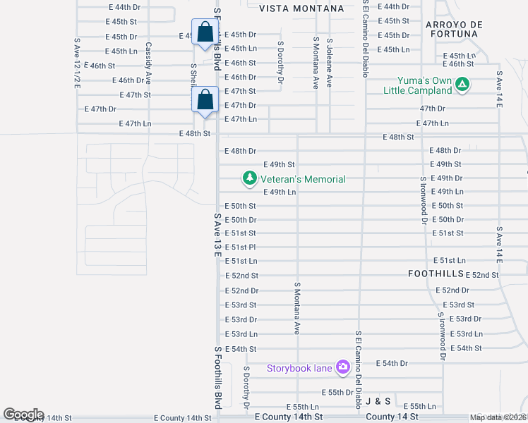 map of restaurants, bars, coffee shops, grocery stores, and more near 13000-13318 East 50th Drive in Yuma