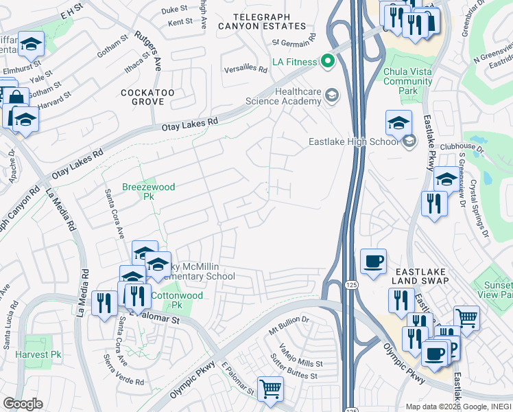 map of restaurants, bars, coffee shops, grocery stores, and more near 1901 Wheatville Street in Chula Vista