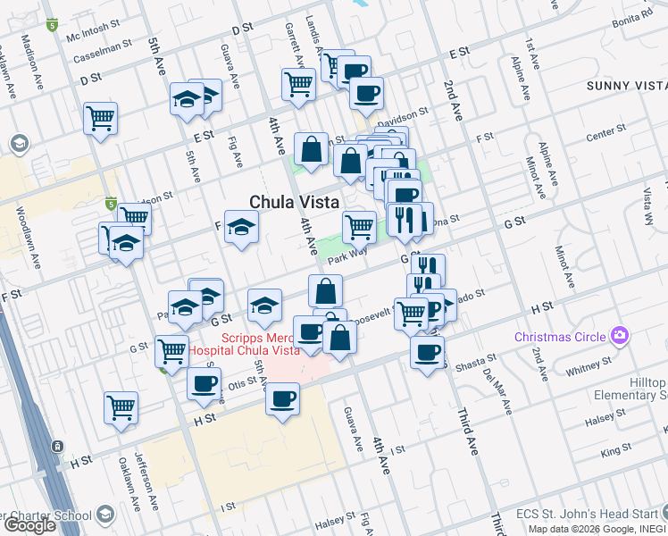 map of restaurants, bars, coffee shops, grocery stores, and more near 399 G Street in Chula Vista