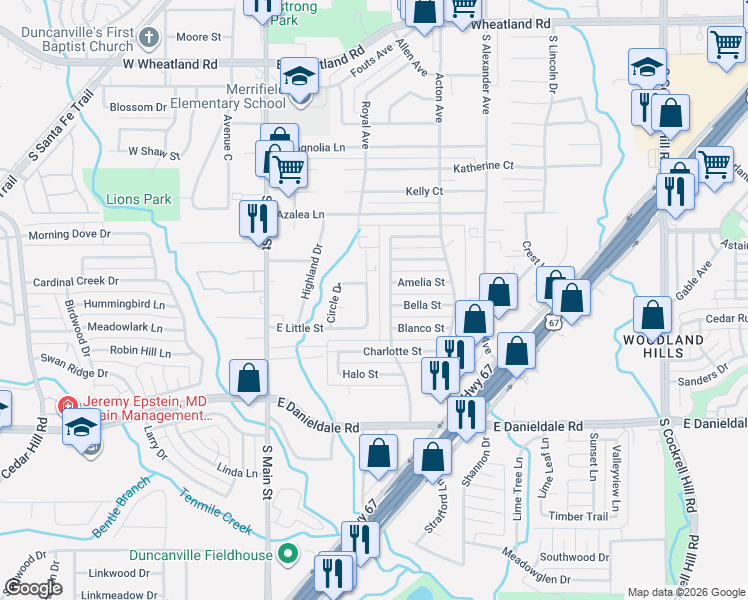 map of restaurants, bars, coffee shops, grocery stores, and more near 1319 Carroll Avenue in Duncanville