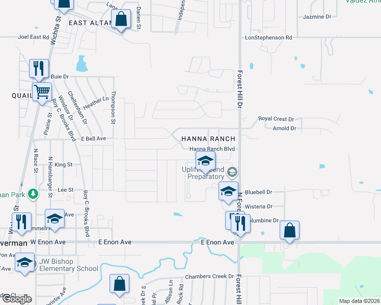 map of restaurants, bars, coffee shops, grocery stores, and more near 3200 Hanna Ranch Boulevard in Fort Worth