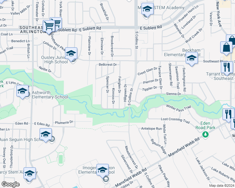 map of restaurants, bars, coffee shops, grocery stores, and more near 6622 Fairglen Drive in Arlington