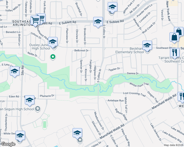 map of restaurants, bars, coffee shops, grocery stores, and more near 6700 Fairglen Drive in Arlington