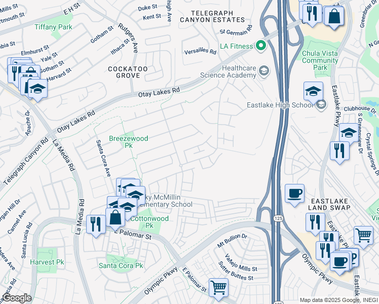 map of restaurants, bars, coffee shops, grocery stores, and more near 1908 Petaluma Drive in Chula Vista