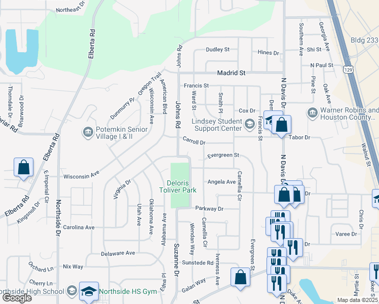 map of restaurants, bars, coffee shops, grocery stores, and more near 202 Sewell Circle in Warner Robins