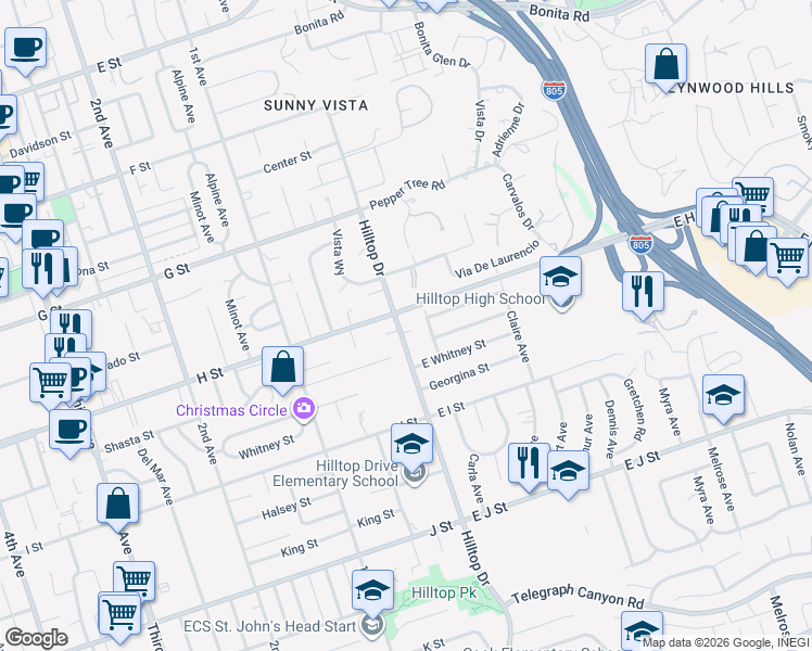 map of restaurants, bars, coffee shops, grocery stores, and more near 511 Hilltop Drive in Chula Vista