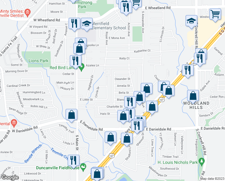 map of restaurants, bars, coffee shops, grocery stores, and more near 1315 Candlelight Avenue in Duncanville
