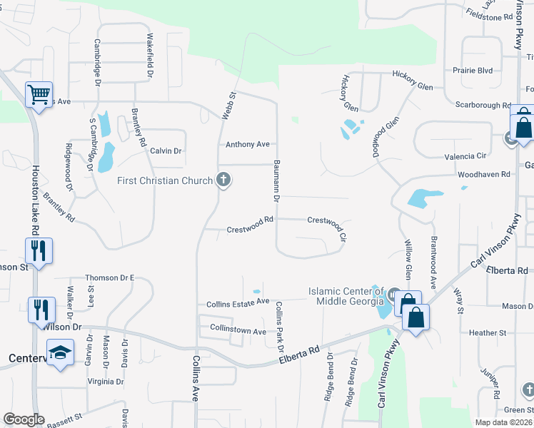 map of restaurants, bars, coffee shops, grocery stores, and more near 118 Crestwood Road in Warner Robins