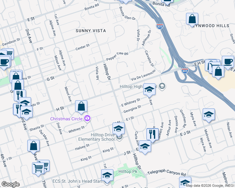map of restaurants, bars, coffee shops, grocery stores, and more near 511 Hilltop Drive in Chula Vista