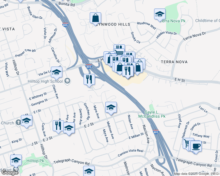 map of restaurants, bars, coffee shops, grocery stores, and more near 617 Windsor Circle in Chula Vista