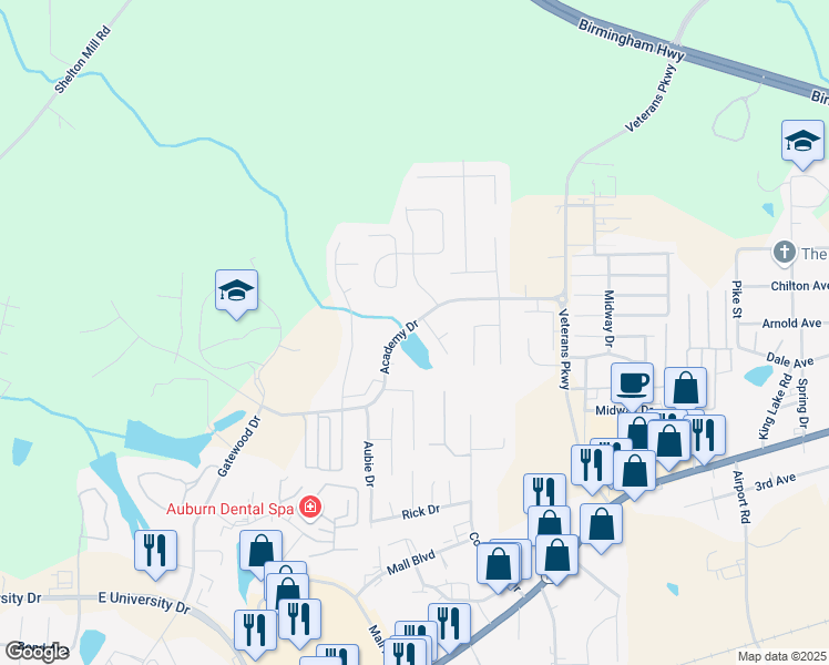 map of restaurants, bars, coffee shops, grocery stores, and more near 1400 Warwick Drive in Opelika