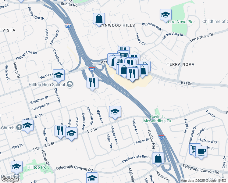 map of restaurants, bars, coffee shops, grocery stores, and more near 617 Windsor Circle in Chula Vista