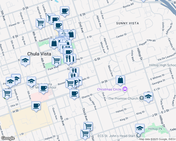 map of restaurants, bars, coffee shops, grocery stores, and more near 447 Del Mar Court in Chula Vista