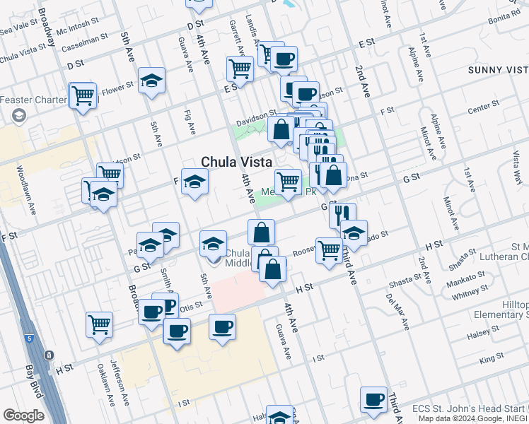 map of restaurants, bars, coffee shops, grocery stores, and more near 399 G Street in Chula Vista