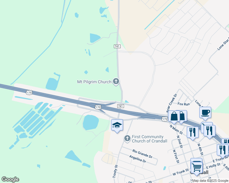 map of restaurants, bars, coffee shops, grocery stores, and more near 11663 U.S. 175 Frontage Road in Crandall