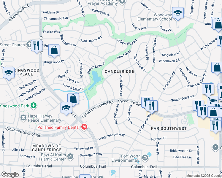 map of restaurants, bars, coffee shops, grocery stores, and more near 4421 Misty Meadow Drive in Fort Worth