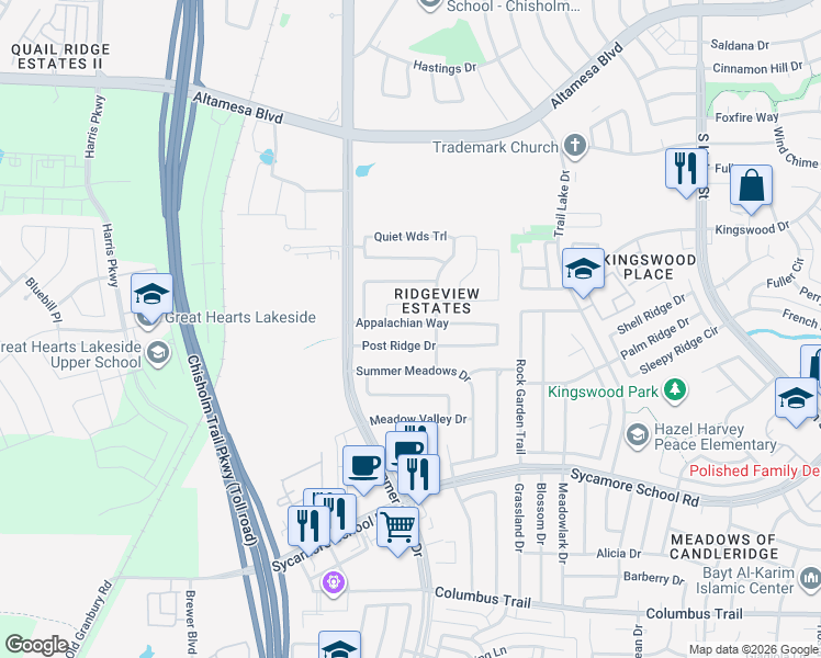 map of restaurants, bars, coffee shops, grocery stores, and more near 5412 Post Ridge Drive in Fort Worth
