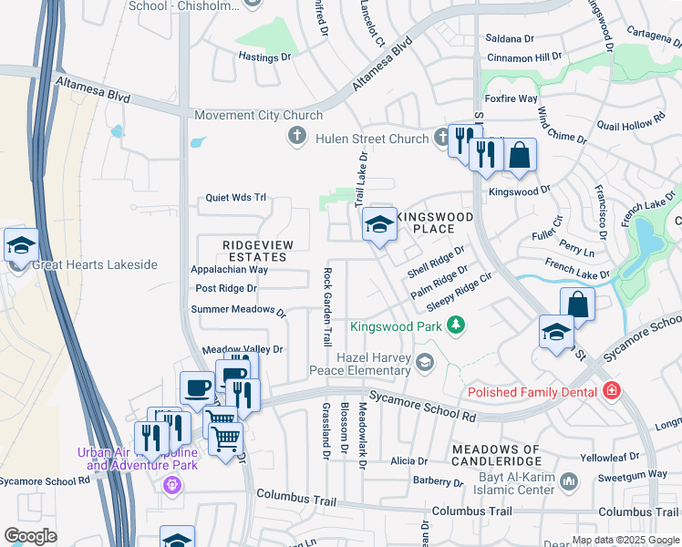 map of restaurants, bars, coffee shops, grocery stores, and more near 7312 Grass Valley Tr in Fort Worth