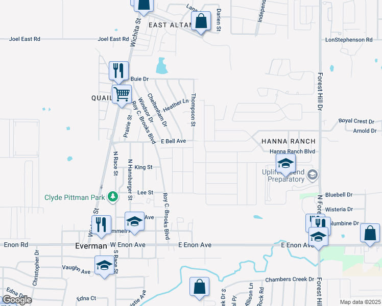 map of restaurants, bars, coffee shops, grocery stores, and more near 230-298 East Bell Avenue in Everman
