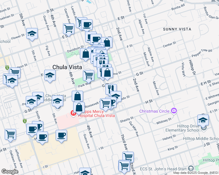 map of restaurants, bars, coffee shops, grocery stores, and more near 411 Third Avenue in Chula Vista