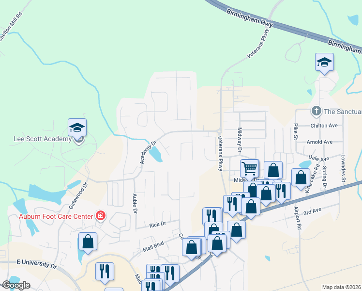 map of restaurants, bars, coffee shops, grocery stores, and more near 1413 Finchley Court in Opelika