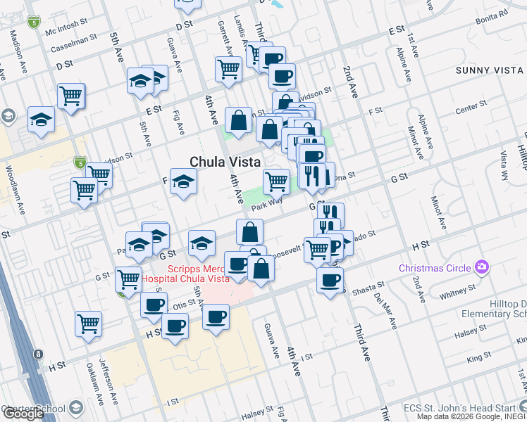 map of restaurants, bars, coffee shops, grocery stores, and more near 376 Park Way in Chula Vista