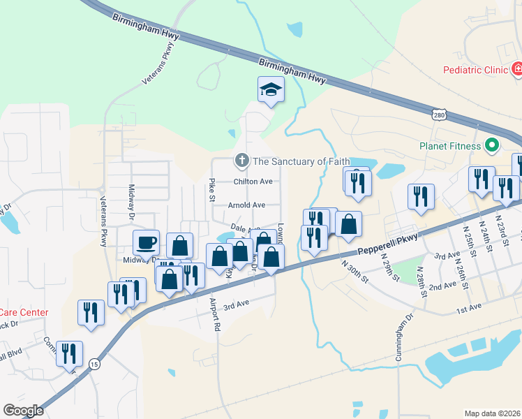 map of restaurants, bars, coffee shops, grocery stores, and more near 3312 Dale Avenue in Opelika
