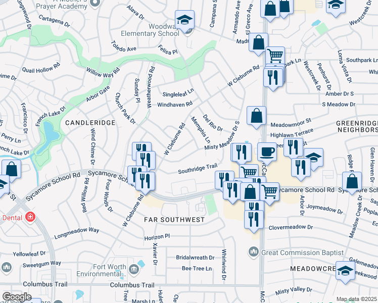 map of restaurants, bars, coffee shops, grocery stores, and more near 3708 South Court in Fort Worth