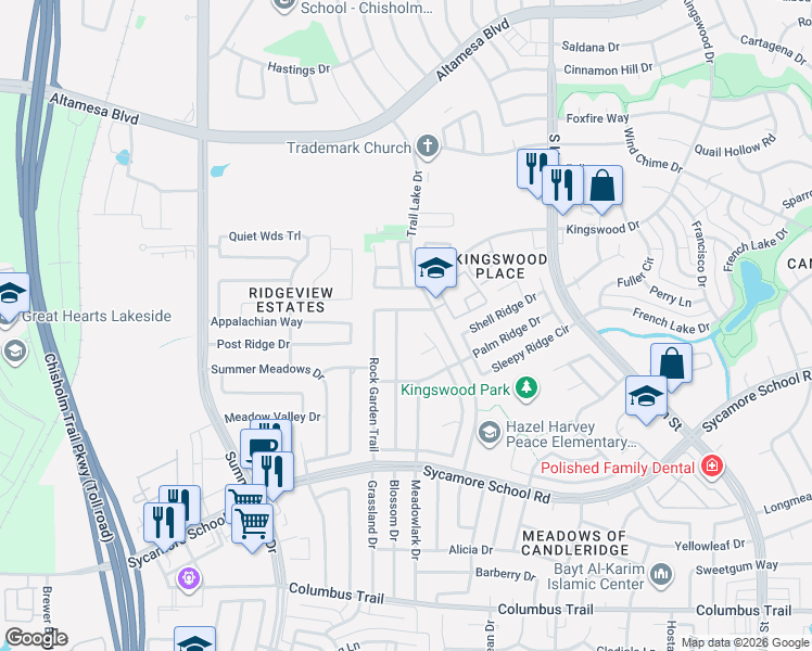 map of restaurants, bars, coffee shops, grocery stores, and more near 5004 Diamond Springs Court in Fort Worth