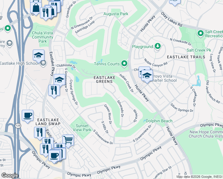map of restaurants, bars, coffee shops, grocery stores, and more near 1230 Silverado Drive in Chula Vista