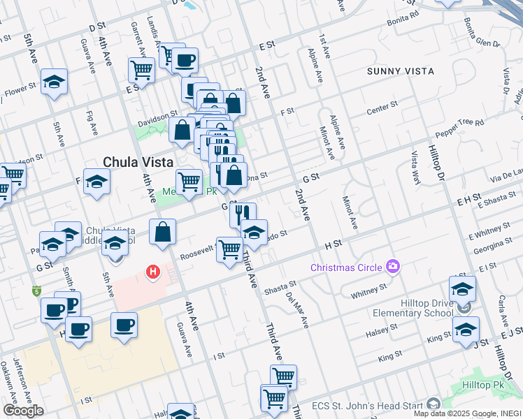 map of restaurants, bars, coffee shops, grocery stores, and more near 435 Church Avenue in Chula Vista