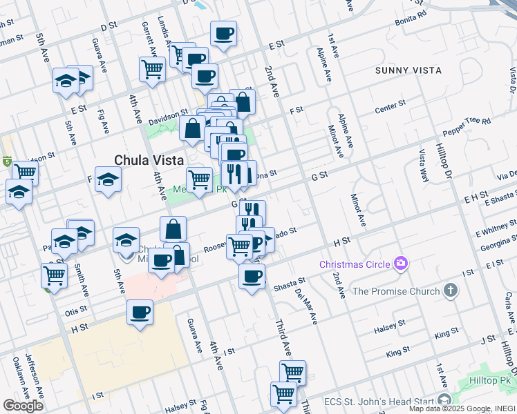 map of restaurants, bars, coffee shops, grocery stores, and more near 425 3rd Avenue in Chula Vista