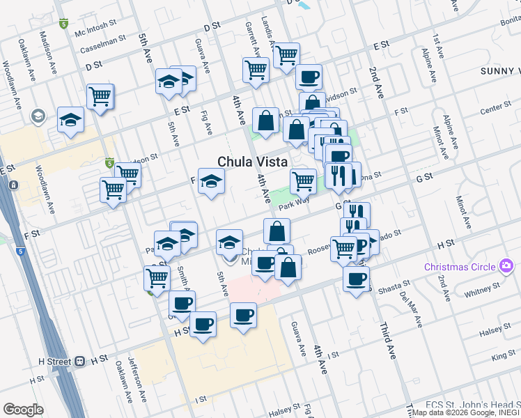 map of restaurants, bars, coffee shops, grocery stores, and more near 426 Park Way in Chula Vista