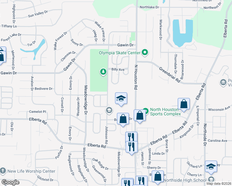 map of restaurants, bars, coffee shops, grocery stores, and more near 460-524 Johnson Road in Warner Robins