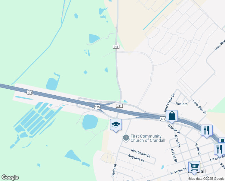 map of restaurants, bars, coffee shops, grocery stores, and more near 11663 U.S. 175 Frontage Road in Crandall