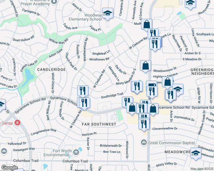 map of restaurants, bars, coffee shops, grocery stores, and more near 3708 South Court in Fort Worth