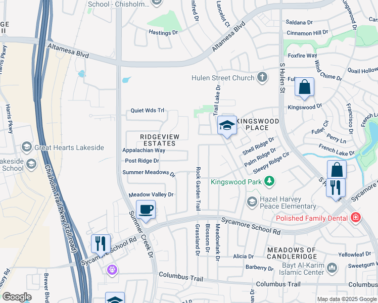 map of restaurants, bars, coffee shops, grocery stores, and more near 5224 Post Ridge Drive in Fort Worth