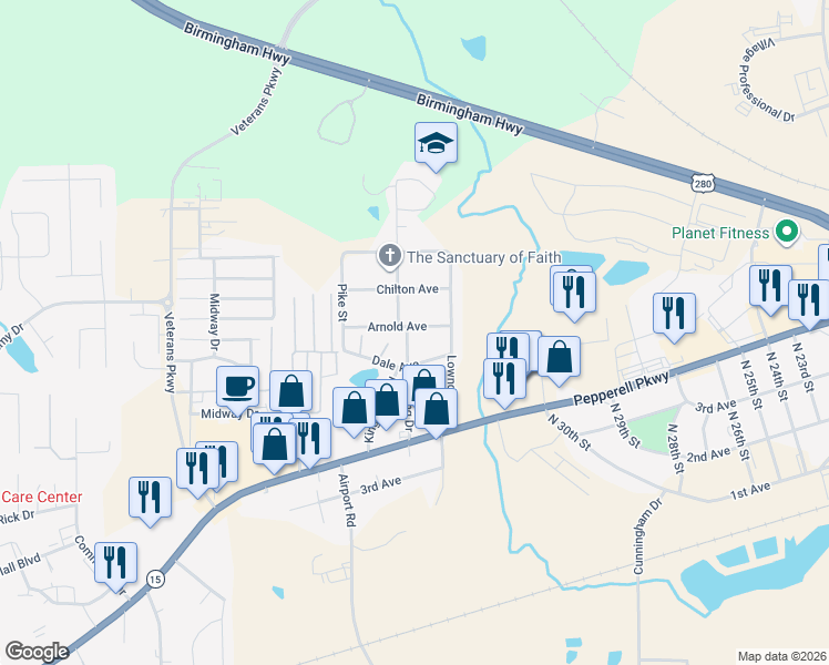 map of restaurants, bars, coffee shops, grocery stores, and more near 3312 Dale Avenue in Opelika