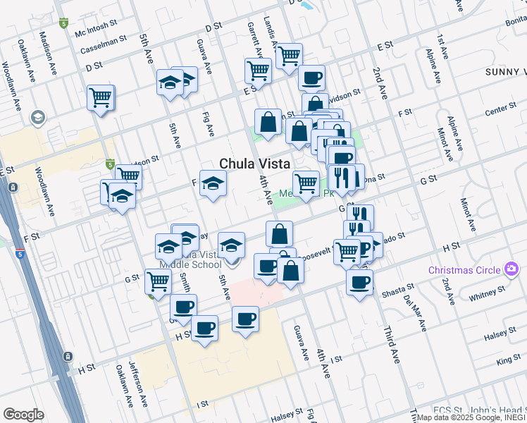 map of restaurants, bars, coffee shops, grocery stores, and more near 426 Park Way in Chula Vista